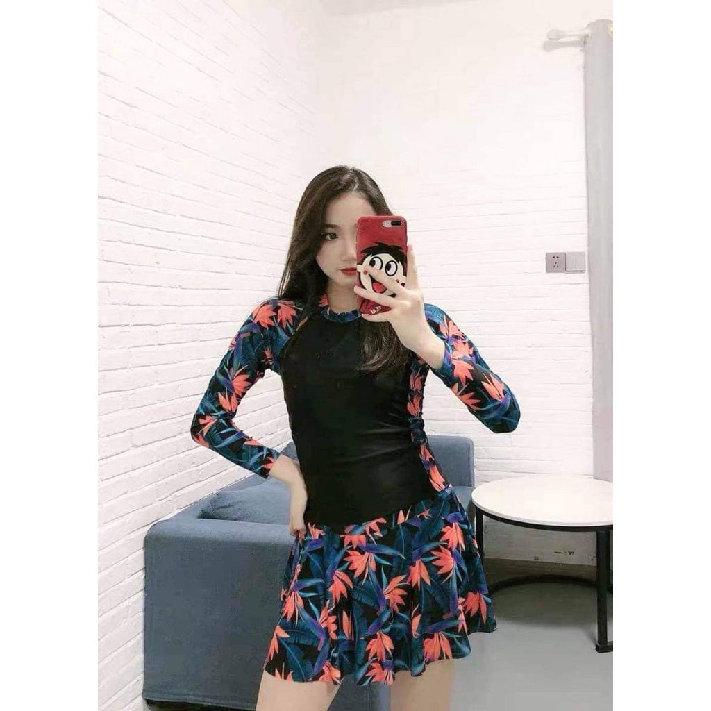 Bikini Nữ 2 Mảnh Quần Đùi Váy Aó Dài Tay Phủ Bụng Kín Đáo Bin Sports BHV124-V1