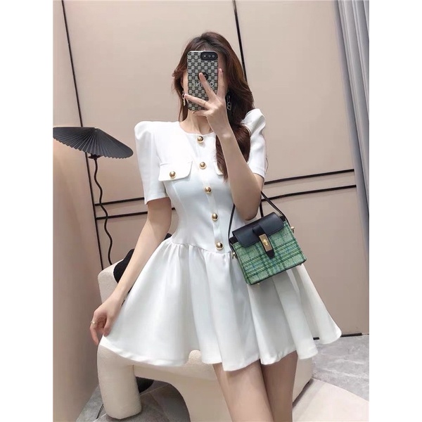 Đầm Dáng Xoè Tay Cộc Tiểu Thư Khuy Dọc 2 Màu Siêu Xinh