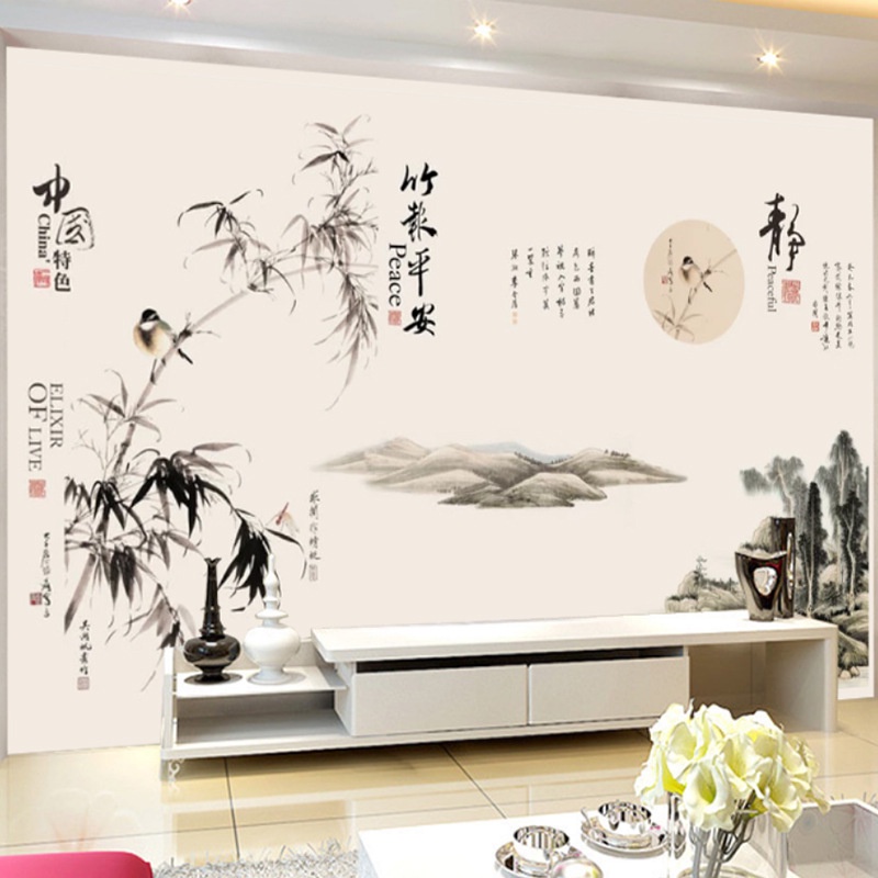 Decal dán tường tranh Phong thủy 3D tre núi TO NHẤT