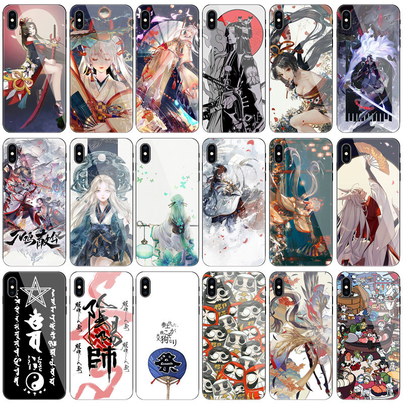 Square Silicon Tempered Glass Phone Case For iPhone X XR XS Max 6s Plus Mobile Iphone Case Onmyoji Animation Peripherals Anti-drop Shockproof Soft Back Cover Tide Accessories Casing