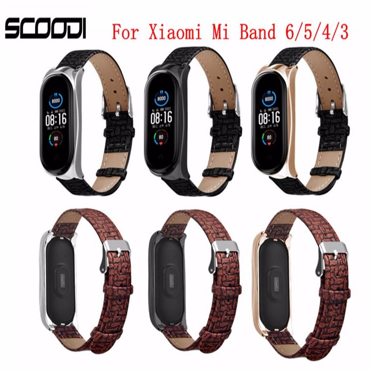 Dây Đeo Thay Thế Chất Liệu Da + Khung Kim Loại Cho Mi Band 7 6 5 NFC Xiaomi Mi Band 3 4