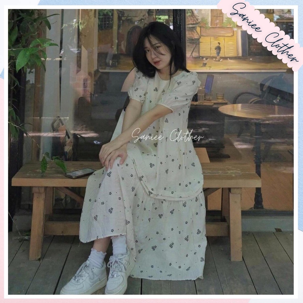 Đầm nữ ngắn tay chấm bi dáng rộng váy babydoll hoa nhí dáng dài đầm ulzzang tiểu thư vintage nữ Saniee Clother