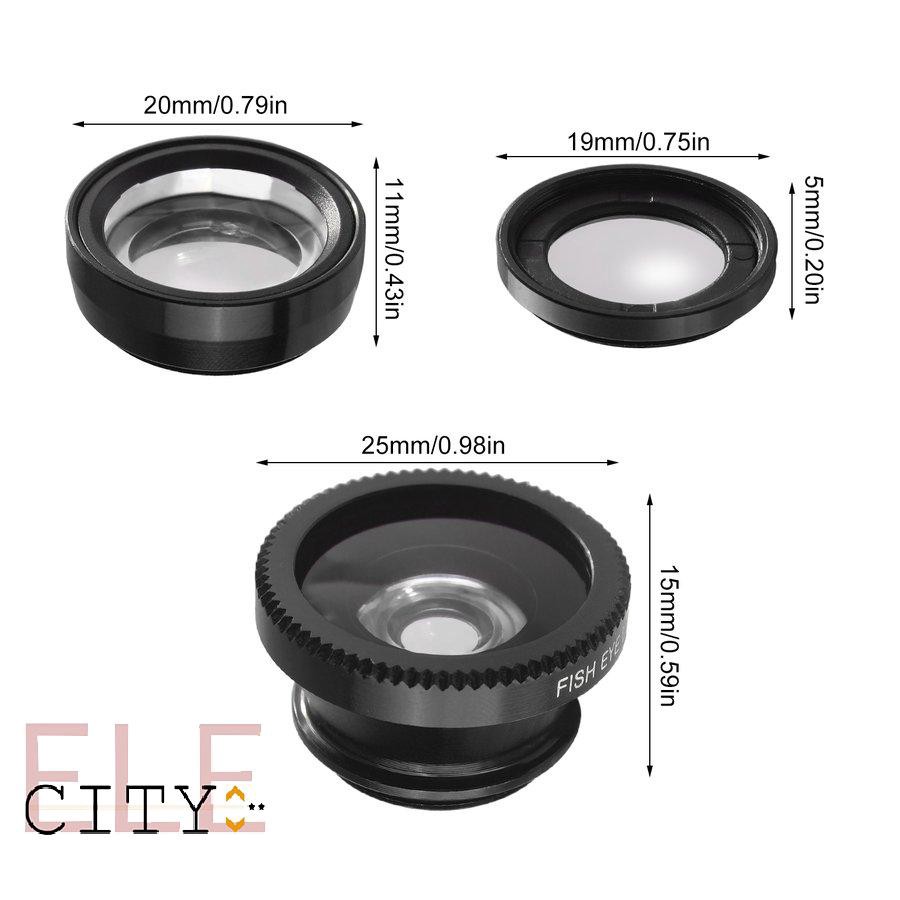 Lens mắt cá góc rộng hình tròn dạng kẹp 3 trong 1 cho camera di động