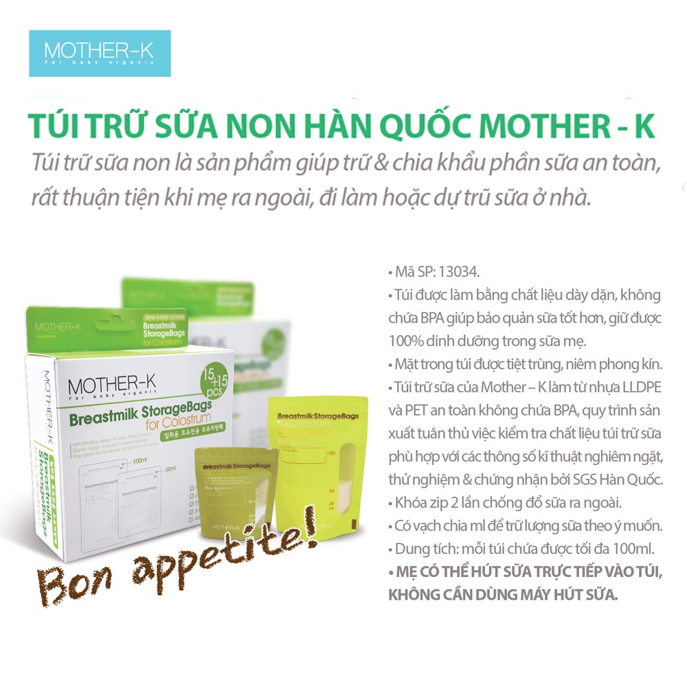 Túi trữ sữa non Mother-K Hàn Quốc (30c)