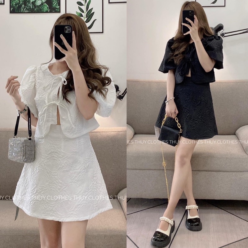 (Hình mẫu và sàn thật 100%) SET ÁO GẤM HOA NỔI CỘT DÂY THẮT NƠ + CHÂN VÁY🤍