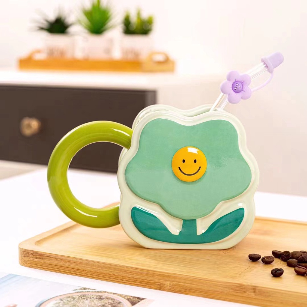 Cốc Uống Nước Bằng Gốm Sứ Cao Cấp Họa Tiết Hoa Dễ Thương