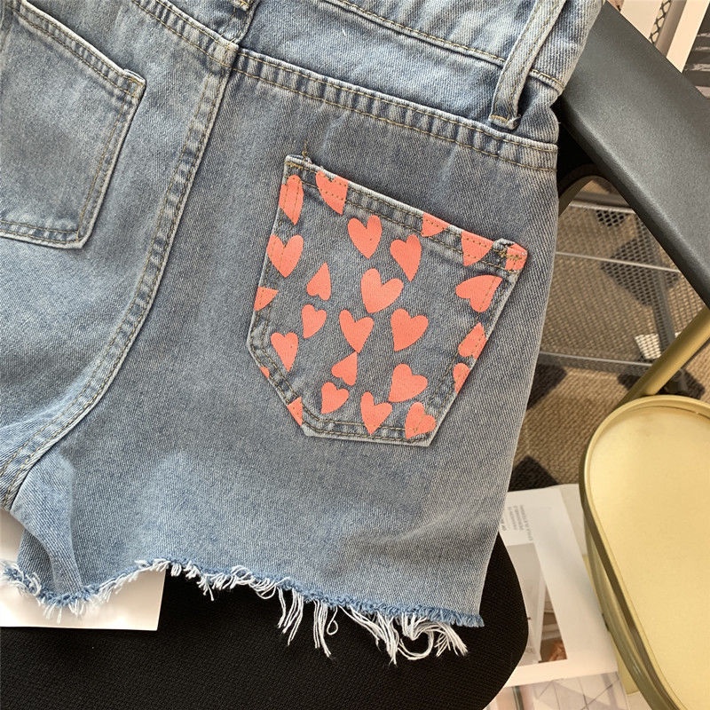 Mới Quần Short Denim Lưng Cao Ống Rộng Phối Túi Hoạ Tiết In Thiết Kế Xẻ Rách Cá Tính