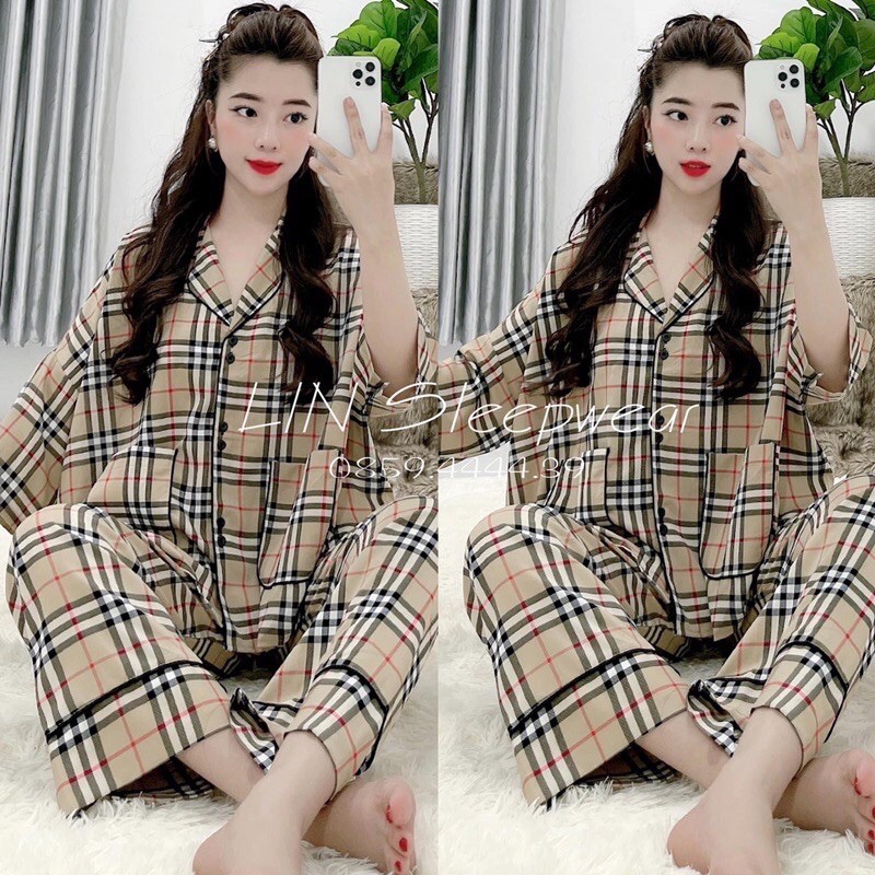 Pijama quần dài áo tay dơi lụa mango CAO CẤP sọc nâu cổ điển cho nàng 40-80kg