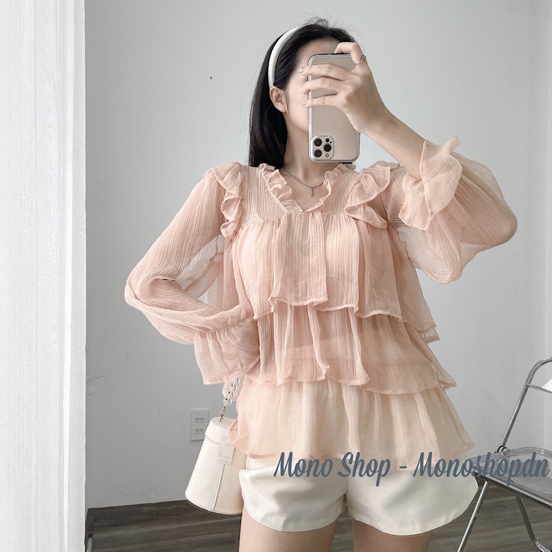 Set áo babydoll voan tầng 3 màu kèm quần short kem lưng chun Ảnh thật/ sẵn