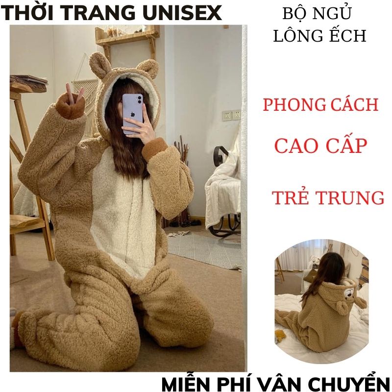 Bộ lông gấu màu nâu liền thân dày dặn đường may chắc chăn siêu ấm, đồ ngủ mùa đông lông cừu giữ nhiệt tốt TT1989