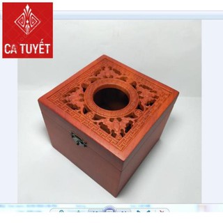 HỘP ĐỰNG GIẤY ĂN GỖ HƯƠNG KHỔ VUÔNG ELAI CHẠM ĐỤC CON RƠI - ẢNH THẬT