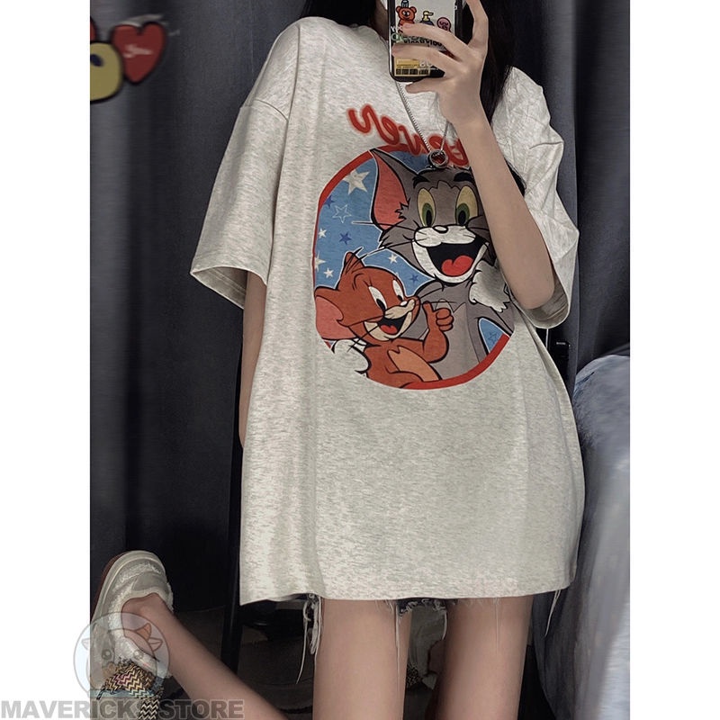 Áo Thun Tay Lỡ Dáng Rộng In Hoạt Hình Mèo Chuột Dễ Thương Thời Trang Mùa Hè Cho Nữ