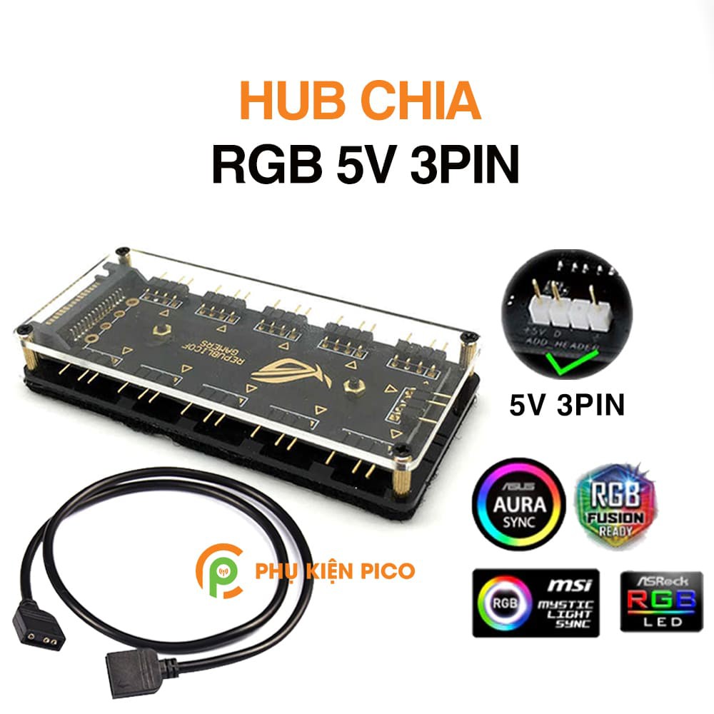 Hub chia ARGB 5V - Bộ chia led quạt ARGB 5V 3pin 10 cổng hỗ trợ Mainboard Gigabyte, Asus, MSI, Asrock