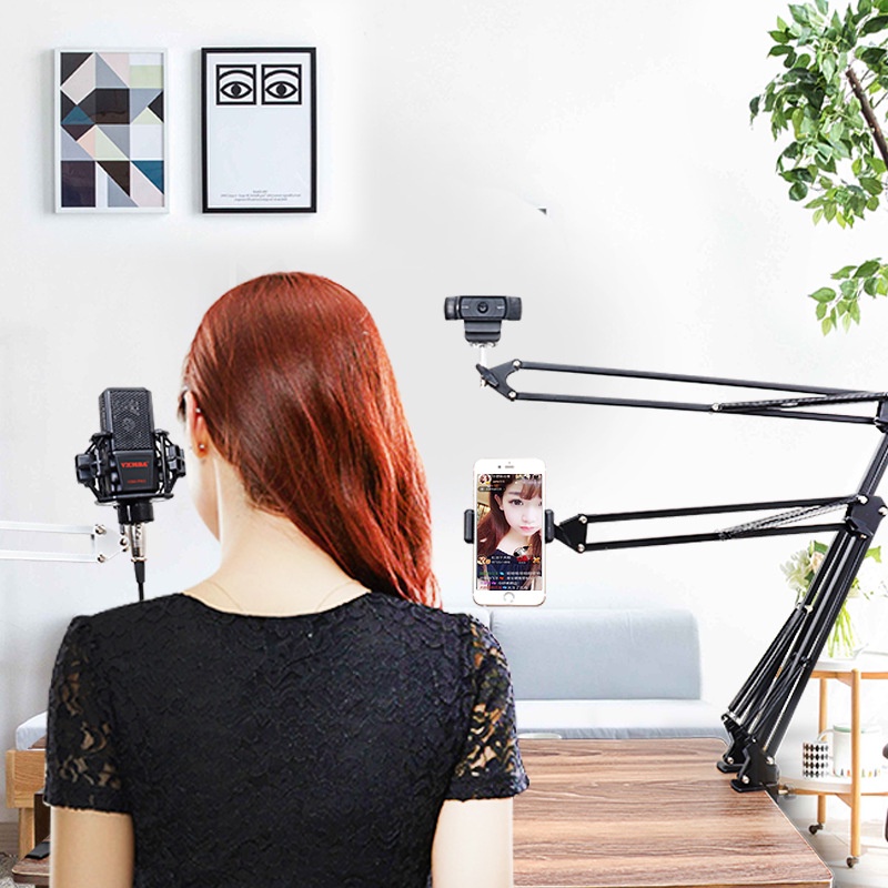 Giá đỡ webcam loại dài to size lớn xoay 360 làm từ thép tặng kèm đầu kẹp điện thoại