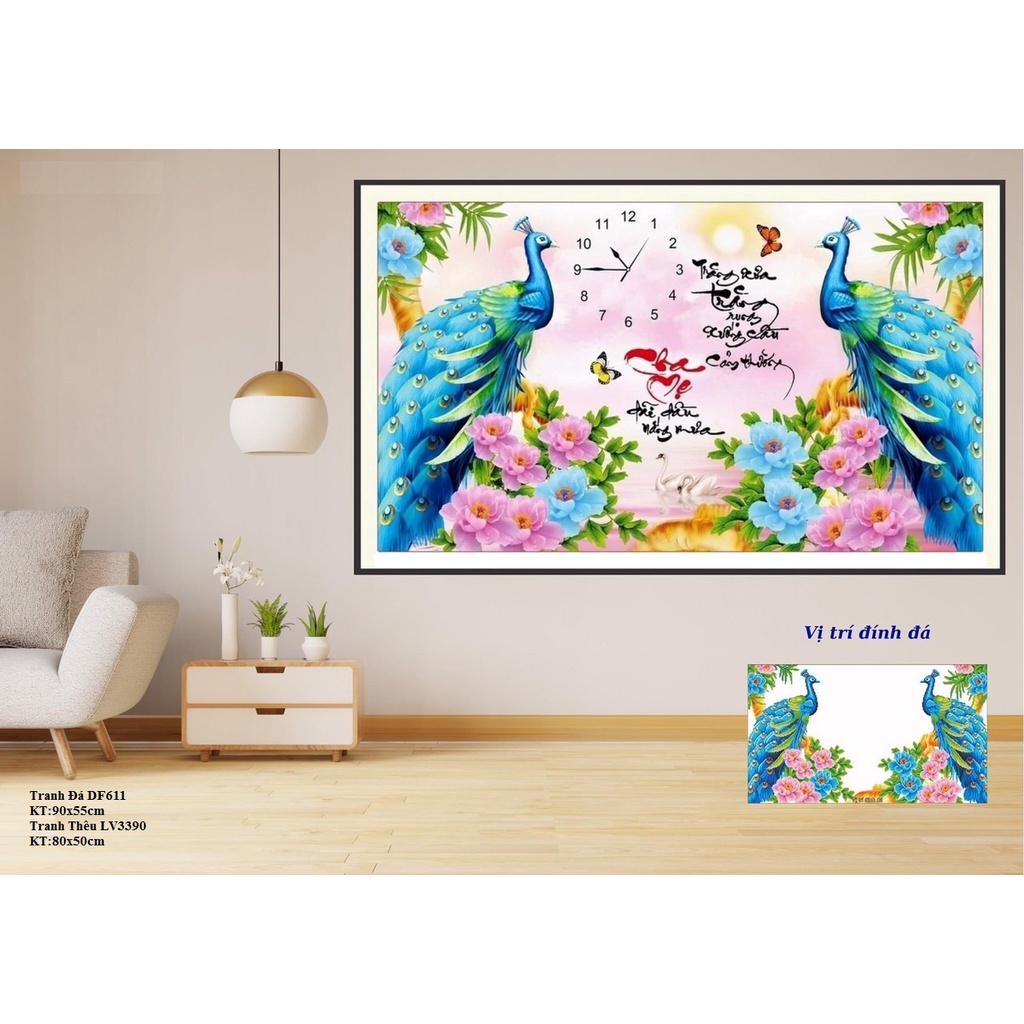 Tranh đính đá đồng hồ cha mẹ KT:90x55cm,tranh đính đá chưa gắn.