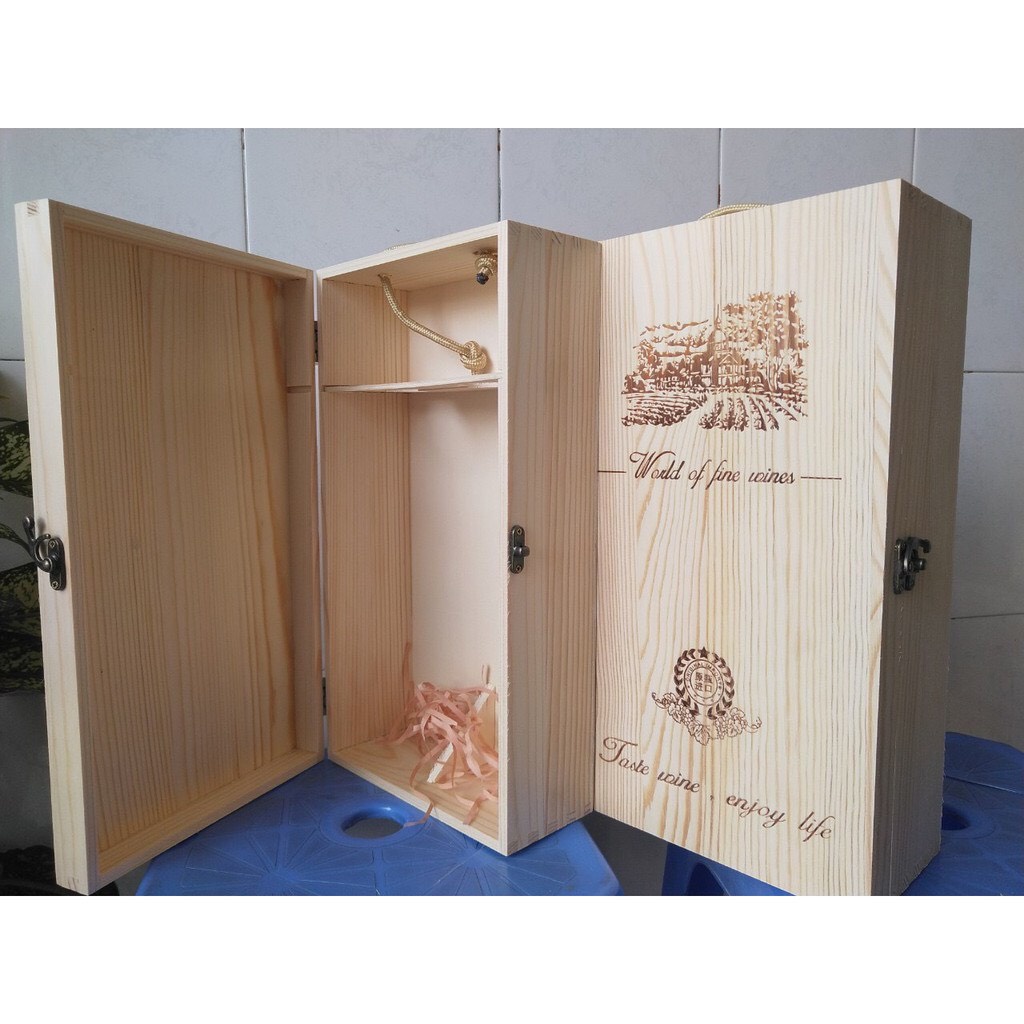 Hộp đựng chai rượu vang bằng gỗ thông in họa tiết chữ cái chất lượng cao hai ngăn tiện lợi