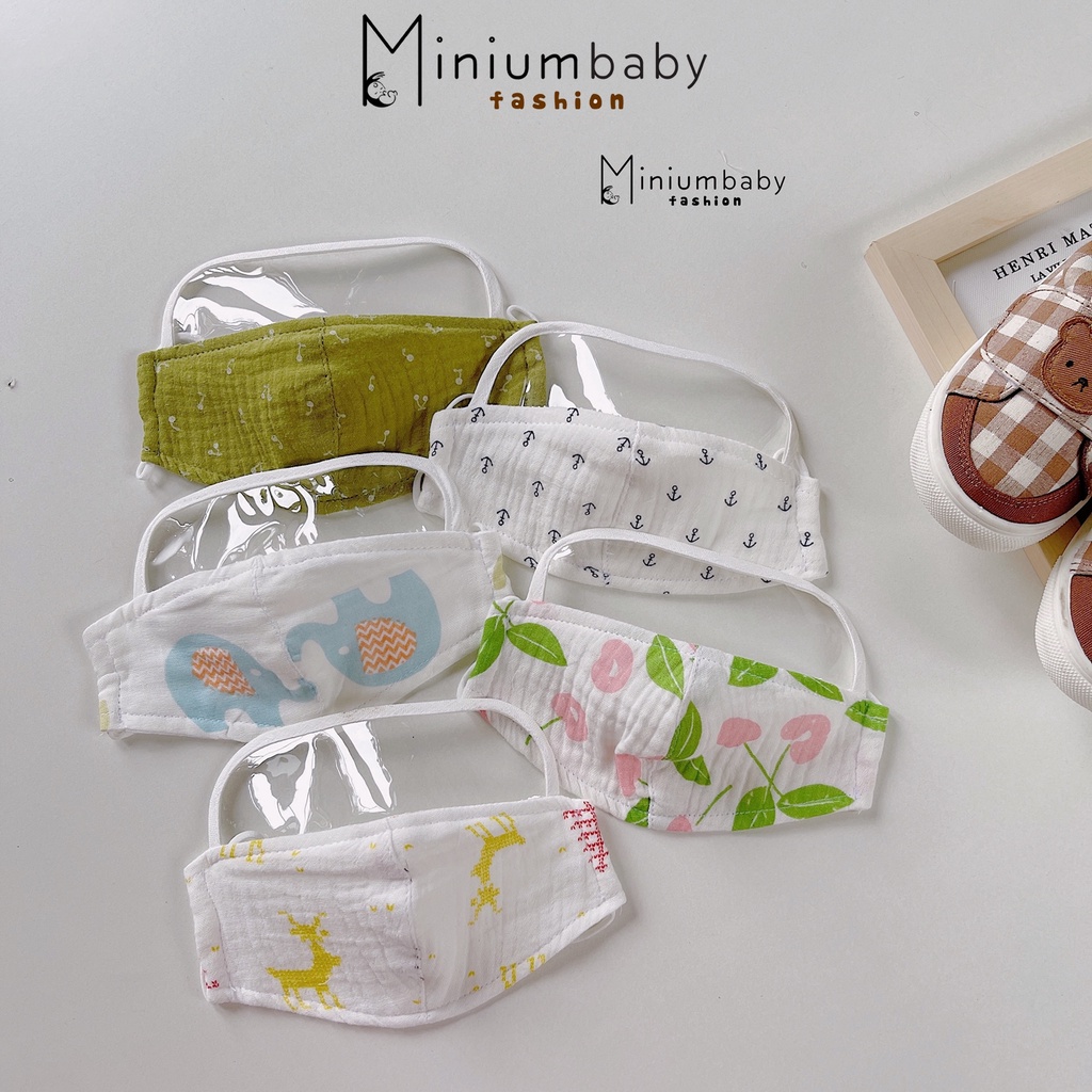 Khẩu trang có kính cho bé gái, bé trai, chất liệu xo muslin màu sắc unisex, miniumbabyfashion