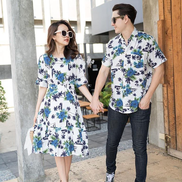 SET ÁO VÁY ĐÔI HOA LÁ ĐI BIỂN ĐẸP ĐỒ CẶP ÁO SƠ MI NAM ĐẦM XÒE NỮ
