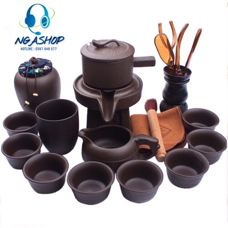 Bộ Ấm Chén Uống Trà Đẹp Cối Xay Gió Gốm Tử Sa Cao Cấp ,Bộ Chén Pha Trà Đạo 20 Chi Tiết Màu Nâu Đất K