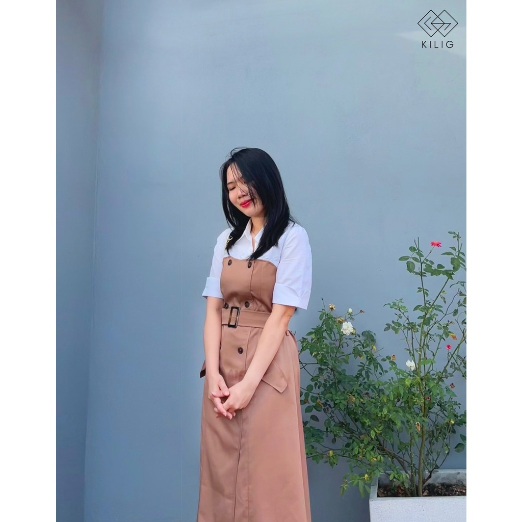 Váy sơ mi phối kèm đai thiết kế KILIG