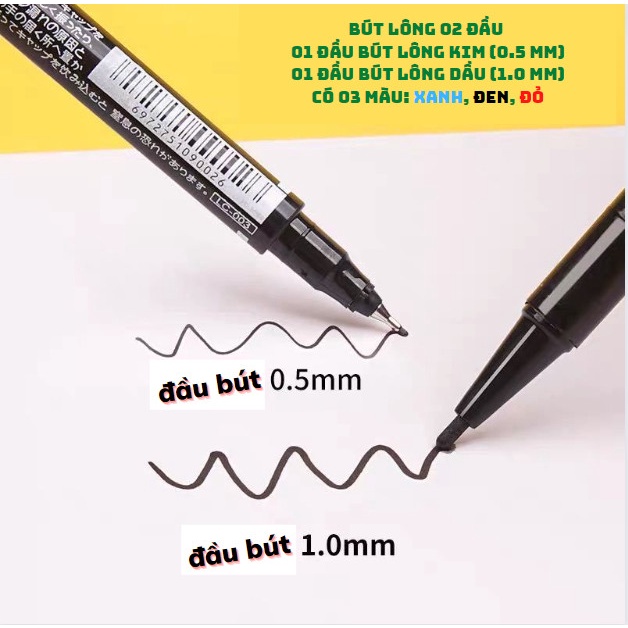 Bút Lông 02 Ngòi, Đầu Lông Kim 0.5 mm, Đầu Lông Dầu 1.0 mm