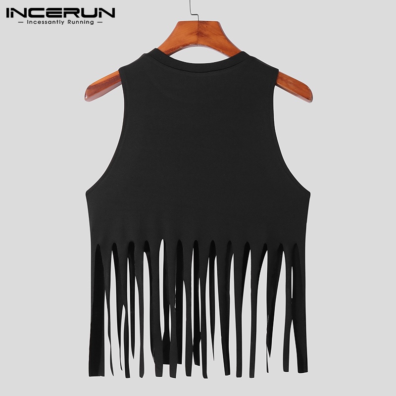 INCERUN Áo Thun Ba Lỗ Màu Đen Phối Tua Rua Thời Trang Mùa Hè Cho Nam Giới