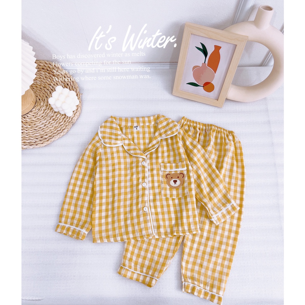 (9-30kg) Bộ quần áo pijama dày tay kẻ caro cho bé trai và bé gái HB009