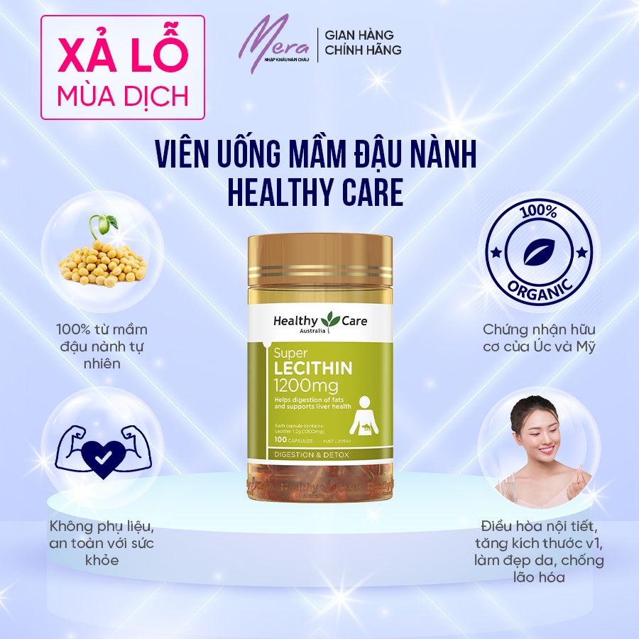 Mầm Đậu Nành Healthy Care Super Lecithin 1200mg Úc Chính Hãng 100 Viên Uống Tăng Vòng 1