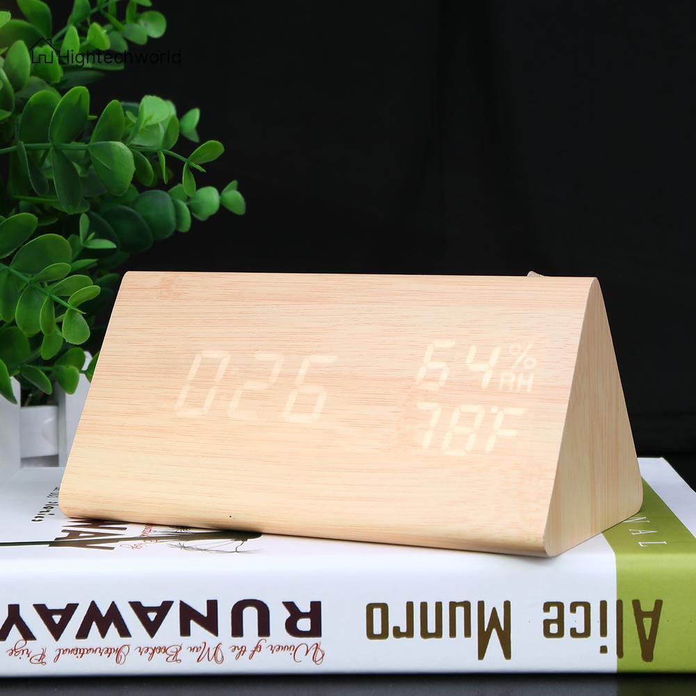 Hightechworld USB Wood LED Sound Control Alarm Clock Thermometer Timer Calendar Display