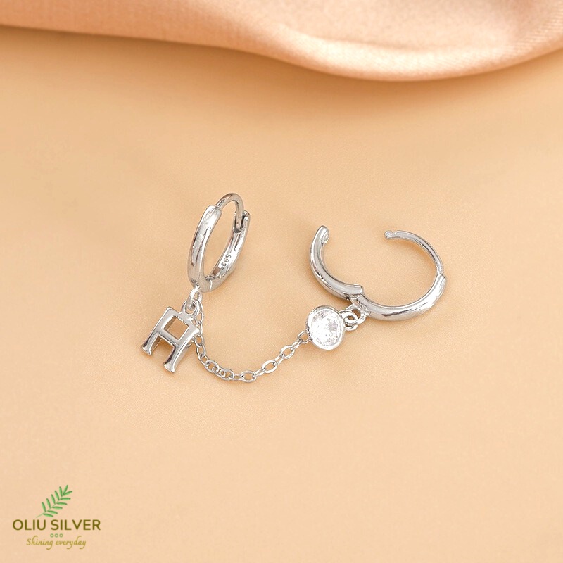 Bông Tai Bạc S925 Chữ H Dạng Khoen Tròn Hai Lỗ Xỏ Đính Đá Zircon Trẻ Trung Cá Tính | Khuyên Tai Nữ Trang Sức Bạc 925