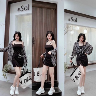 💟sét đầm 2 dây kèm áo khoác caro