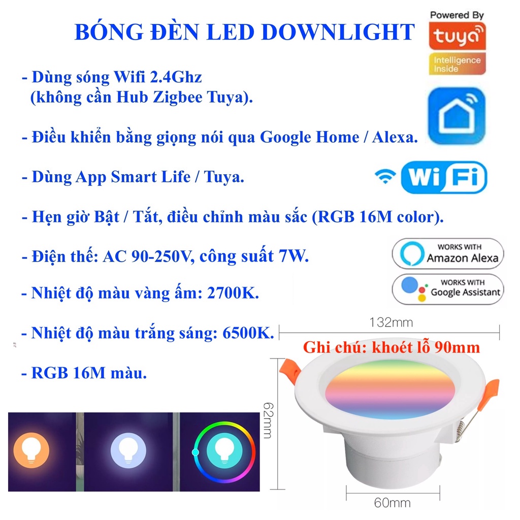 Bóng đèn Led thông minh, kiểu Downlight, kết nối WIFI, Hệ sinh thái Tuya.