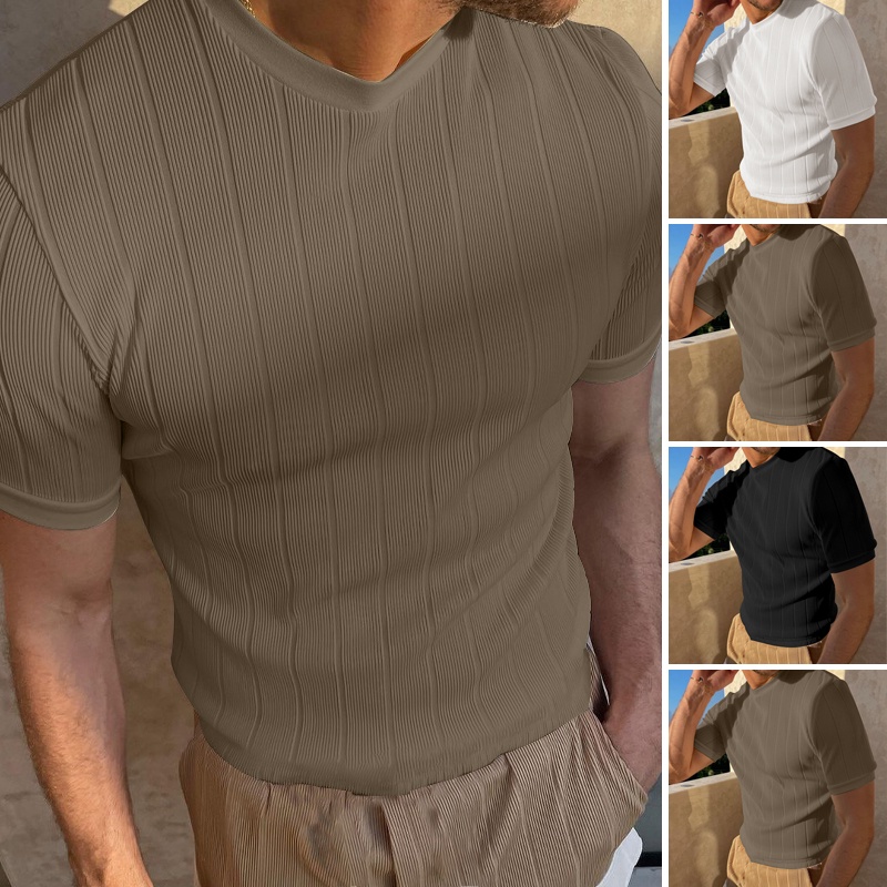 Áo thun INCERUN ngắn tay cổ tròn họa tiết kẻ sọc 3 màu tùy chọn thời trang cho nam