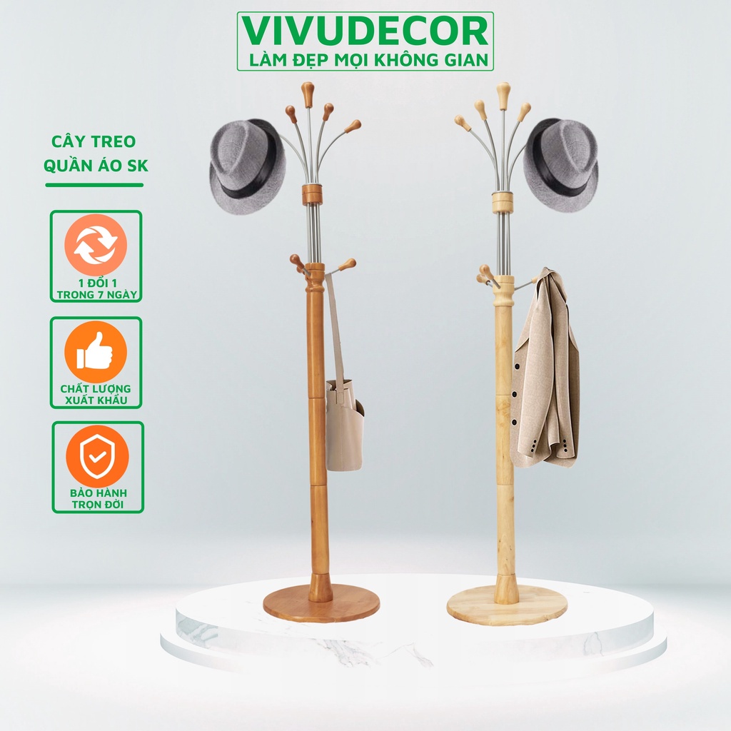 Cây Treo Quần Áo Vivudecor 100% Gỗ Tự Nhiên SK Nhánh Nhôm Lắp Ráp Xuất Khẩu Hàn Quốc.