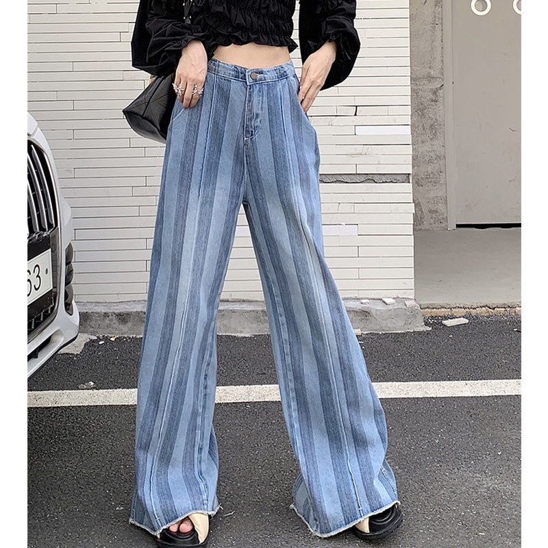Quần Jean Dài Dáng Rộng Ống Suông Hoa Văn Kẻ Sọc Thời Trang