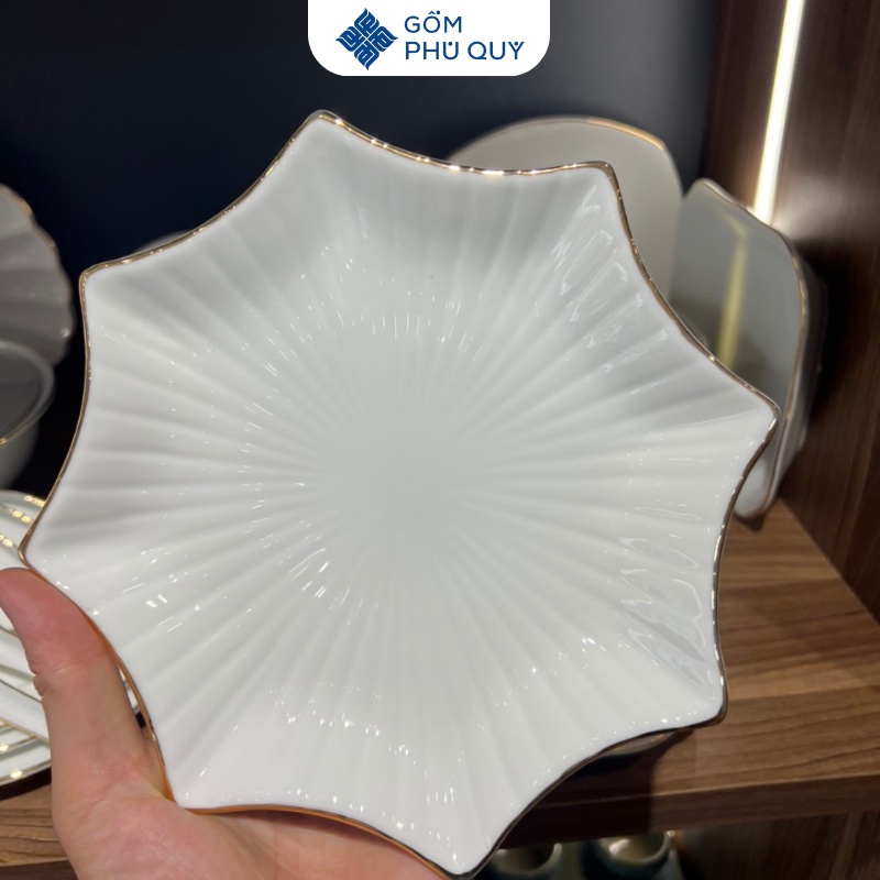Bộ Bát Đĩa Sứ Bát Tràng, Chén Dĩa Trắng Kẻ Chỉ Vàng Kim Đẹp, Cao Cấp, Bát Ăn Cơm Hh01