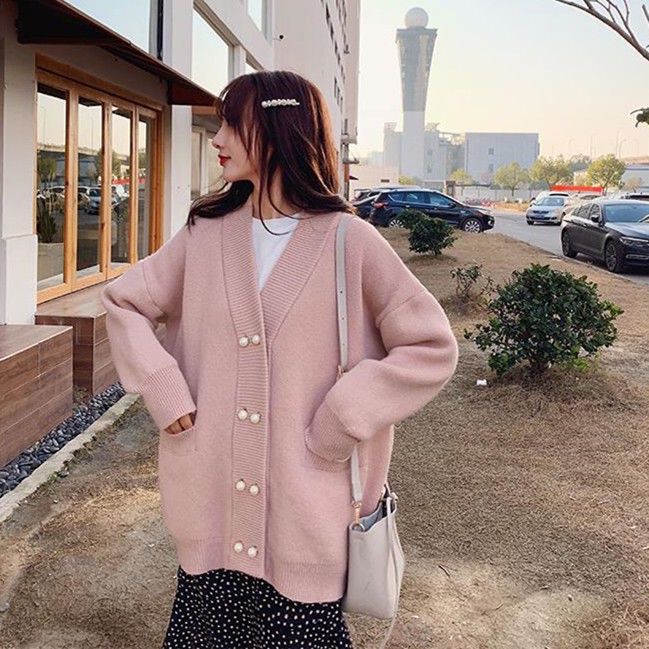 OFF-WHITE Áo Khoác Cardigan Dệt Kim Tay Dài Dáng Rộng Màu Hồng / Đỏ / Vàng Phong Cách Hàn Quốc