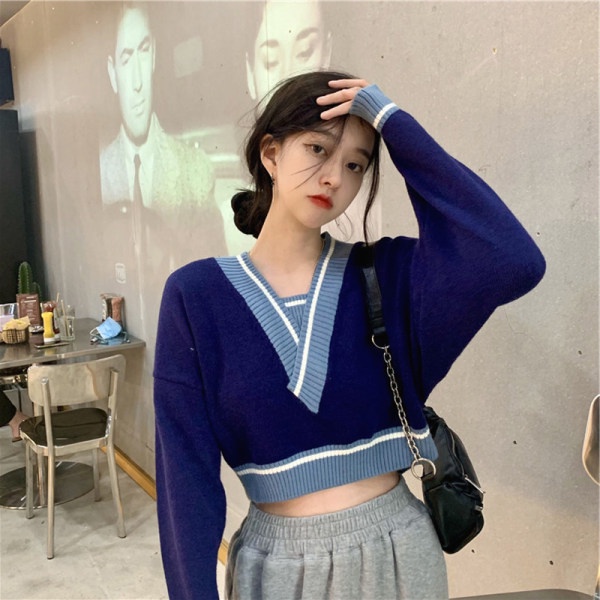 Áo Sweater Dệt Kim Cổ Chữ V Dáng Rộng Màu Sắc Tương Phản Thời Trang Cho Nữ