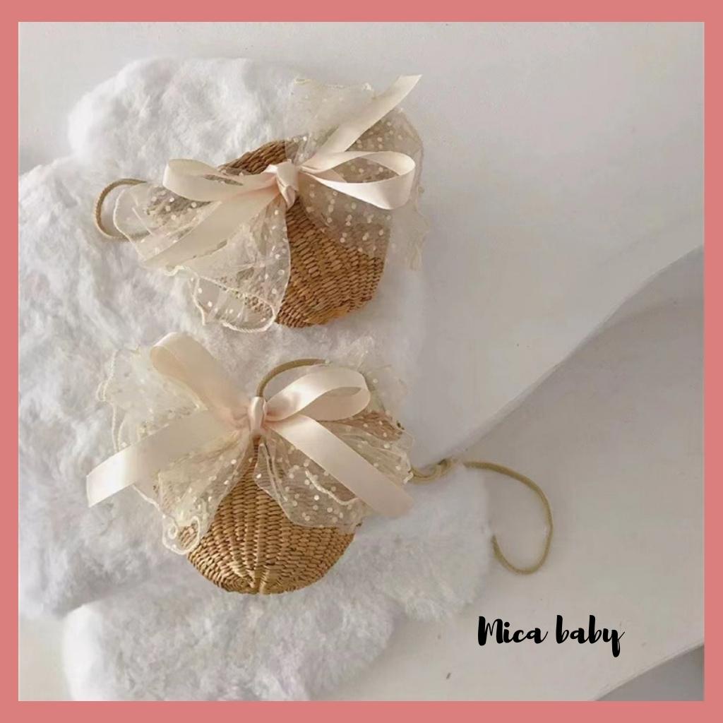 Túi cói đeo chéo đính nơ voan bản to siêu cưng cho mẹ và bé Mica Baby TC07