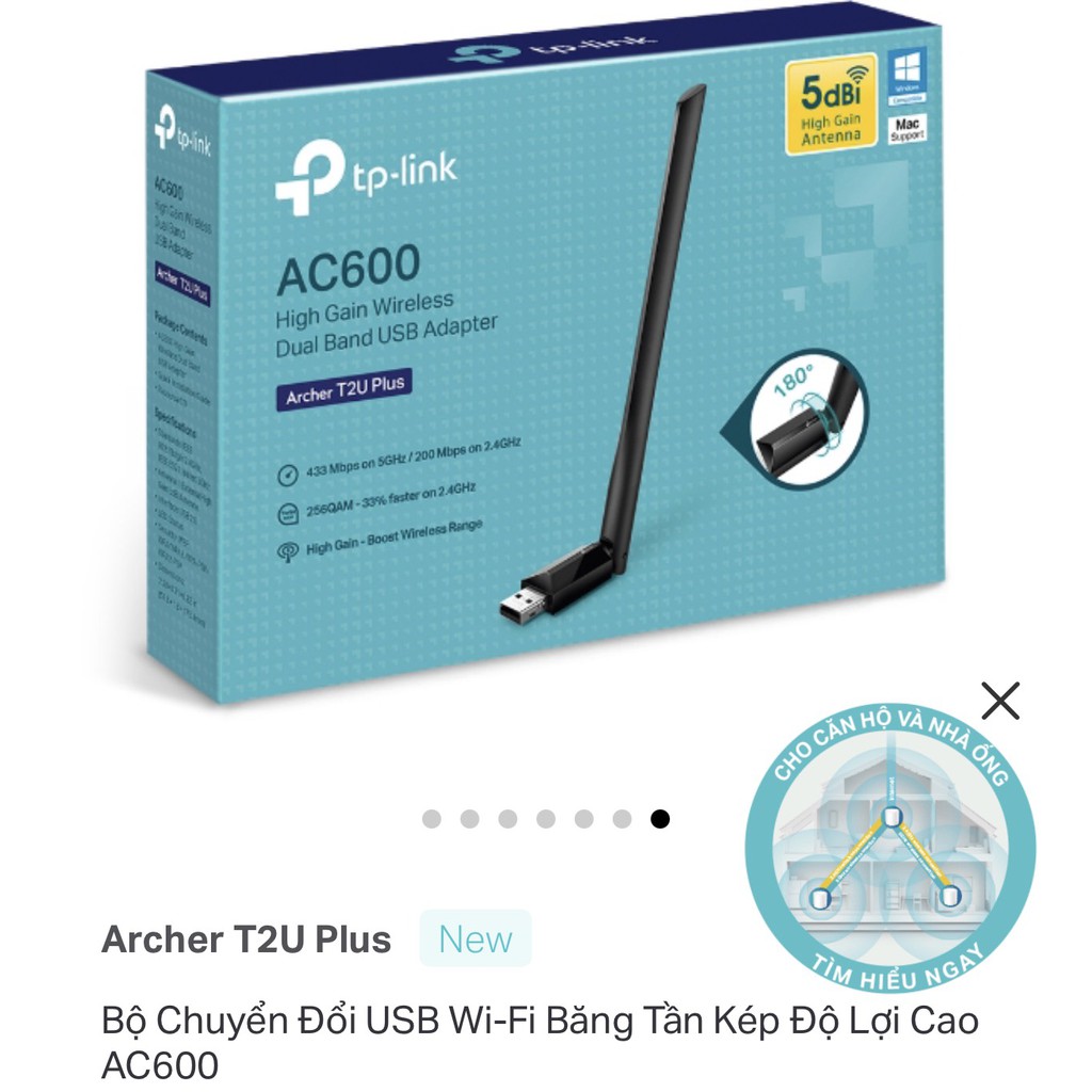 USB thu Wi Fi Băng Tần Kép Độ Lợi Cao TP LINK AC600 T2U Plus -Hàng chính hãng