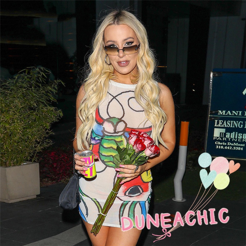 Đầm Sát Nách Cổ Tròn Phối Lưới In Họa Tiết Quyến Rũ Cho Nữ