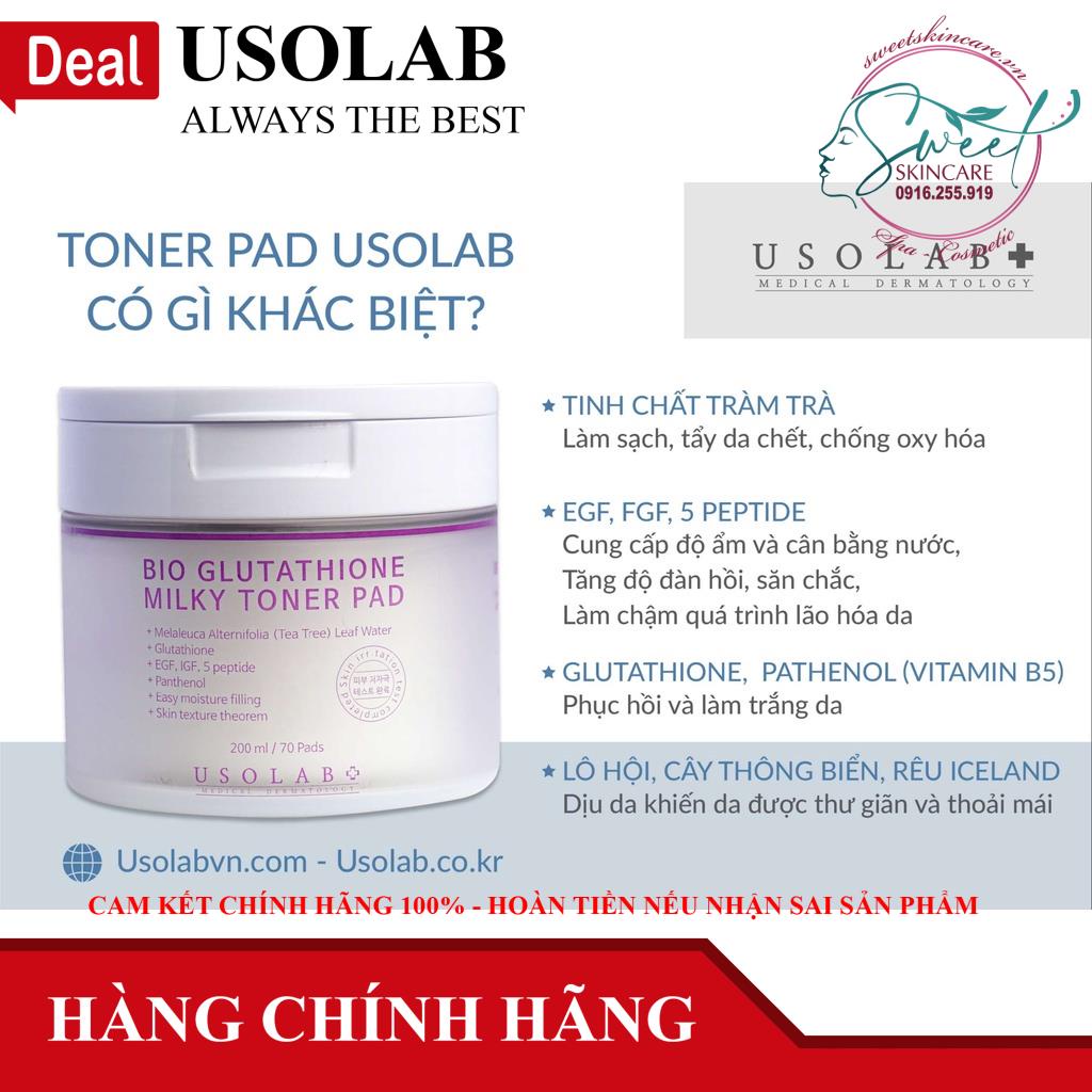 Toner Pad trắng da, thu nhỏ lỗ chân lông Bio Glutathione MilkyToner Pad Usolab