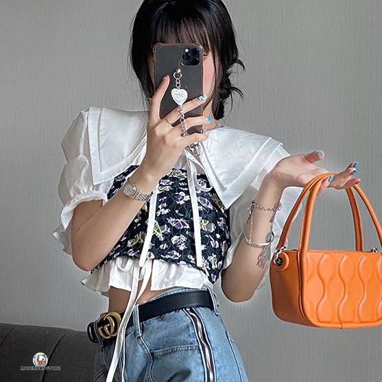 Set Áo Cổ Búp Bê Và Áo hai dây Họa Tiết Hoa Phong Cách Hàn Quốc Cho Nữ