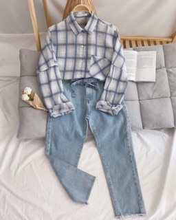 Áo sơ mi oversize caro trắng