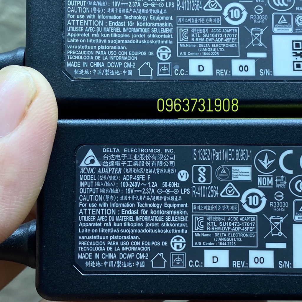 Sạc laptop acer 19v-2.37A model ADP-45FE F zin tháo máy