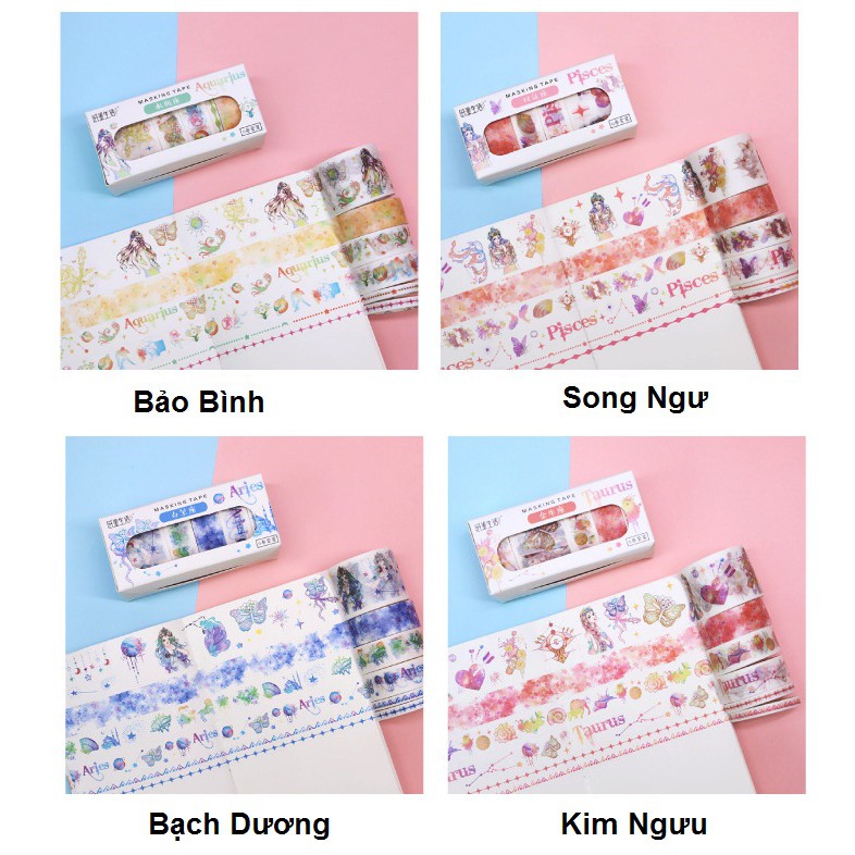 Set 6 Cuộn Washi Tape Cung Hoàng Đạo Băng Dính Trang Trí Scrapbook, Planner