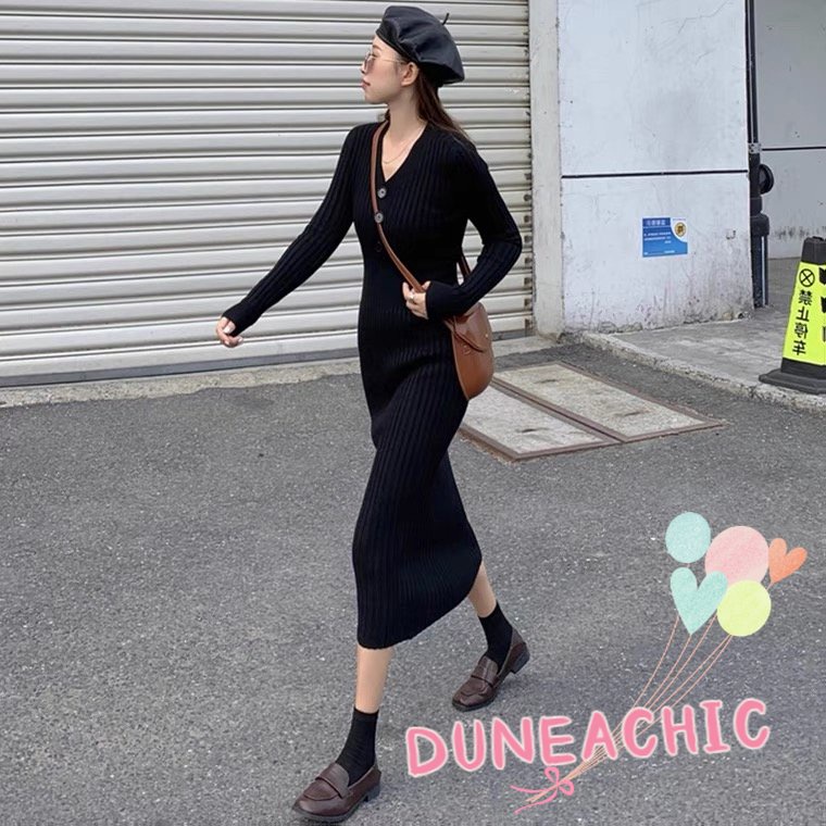DUNEA Đầm Sweater Dáng Dài Lưng Cao Cổ Chữ V Quyến Rũ Cho Nữ