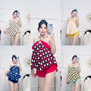 Set đồ ngủ 2 dây chéo quần đùi chất liệu lụa hàn mềm mại thoáng mát freesize dưới 57kg