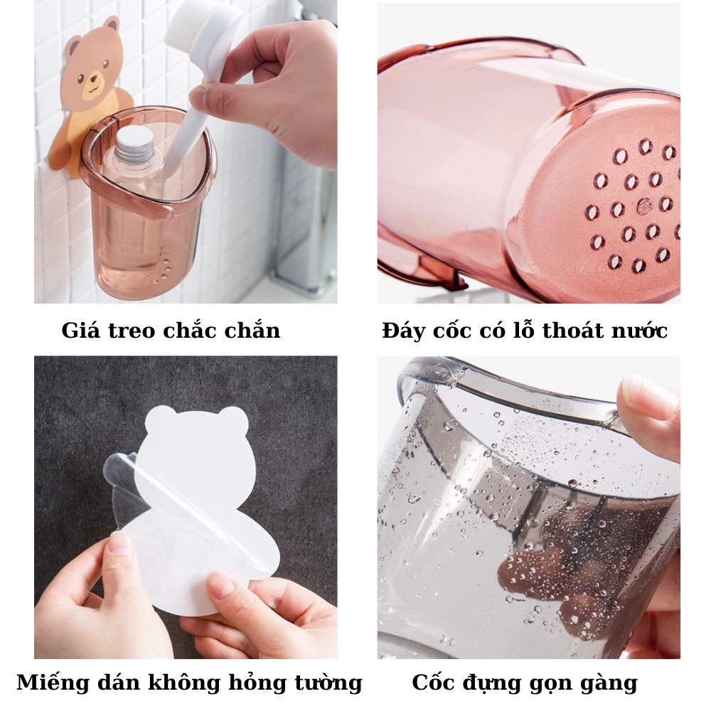 Cốc Gấu Dán Tường Để Bàn Chải Đánh Răng Có Lỗ Thoát Nước Tiện Lợi