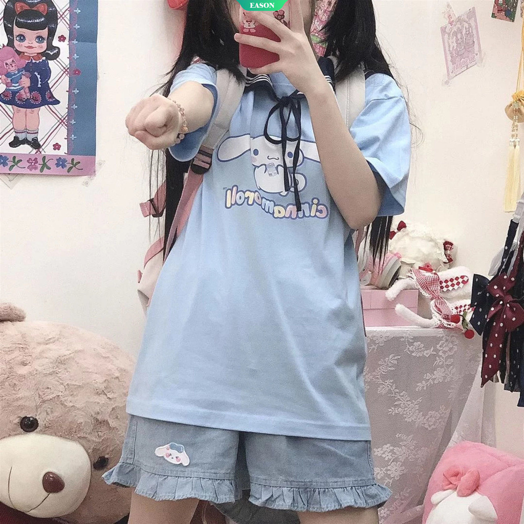 Áo thun Cinnamoroll hoạt hình tay ngắn màu trắng dáng rộng thời trang nữ Nhật Bản dễ thương